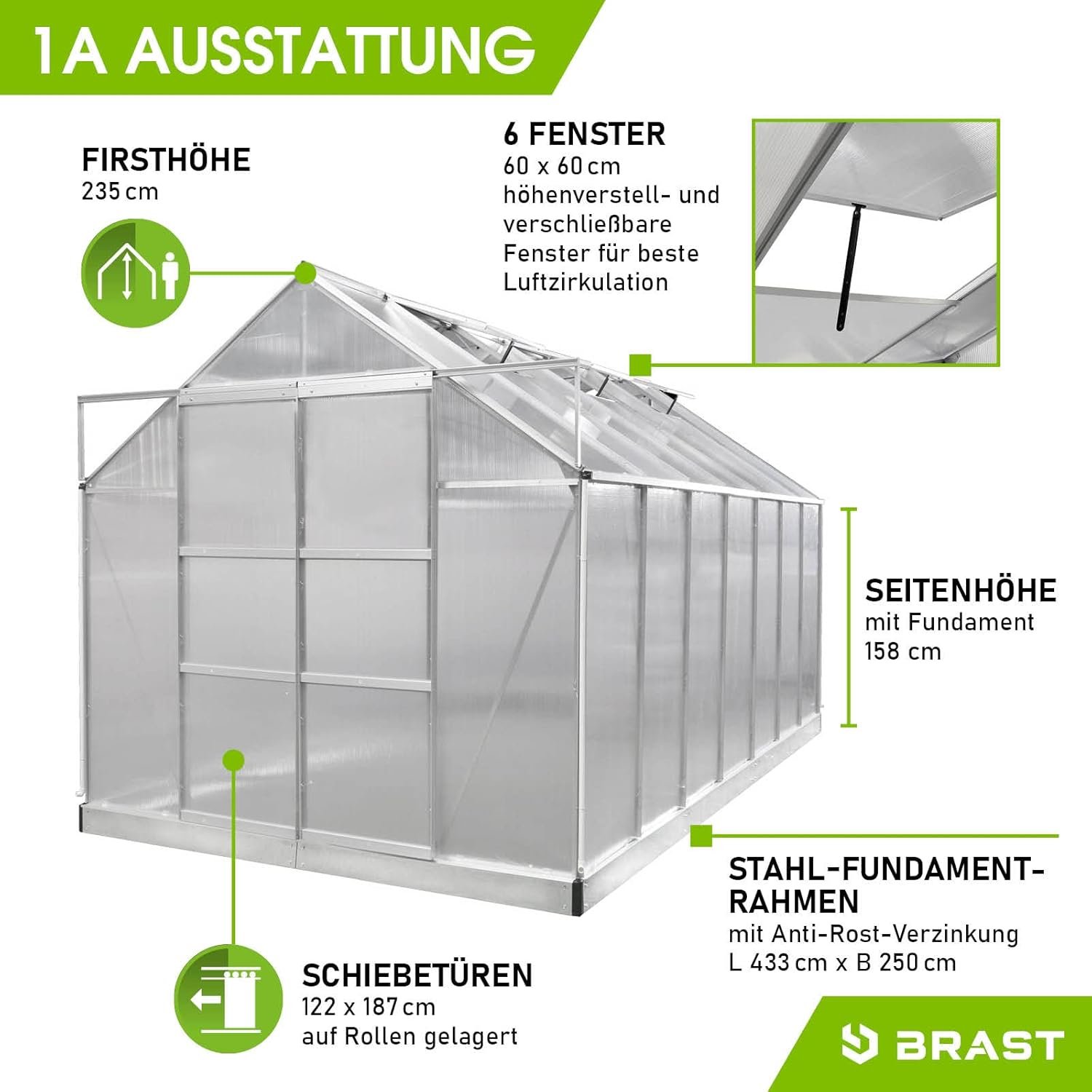 BRAST Aluminium Greenhouse with Base 430 x 250 x 235 cm, TV Tested, 6 mm Hollow Chamber Panels, Rustproof/Weatherproof/Temperature-Resistant - Image 7