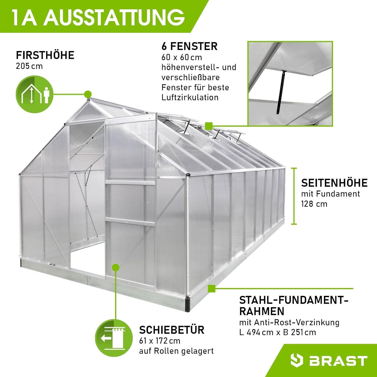 BRAST Aluminium Greenhouse with Base 490 x 250 x 205 cm, TV Tested, 6 mm Hollow Chamber Panels, Rustproof/Weatherproof/Temperature-Resistant - Image 5