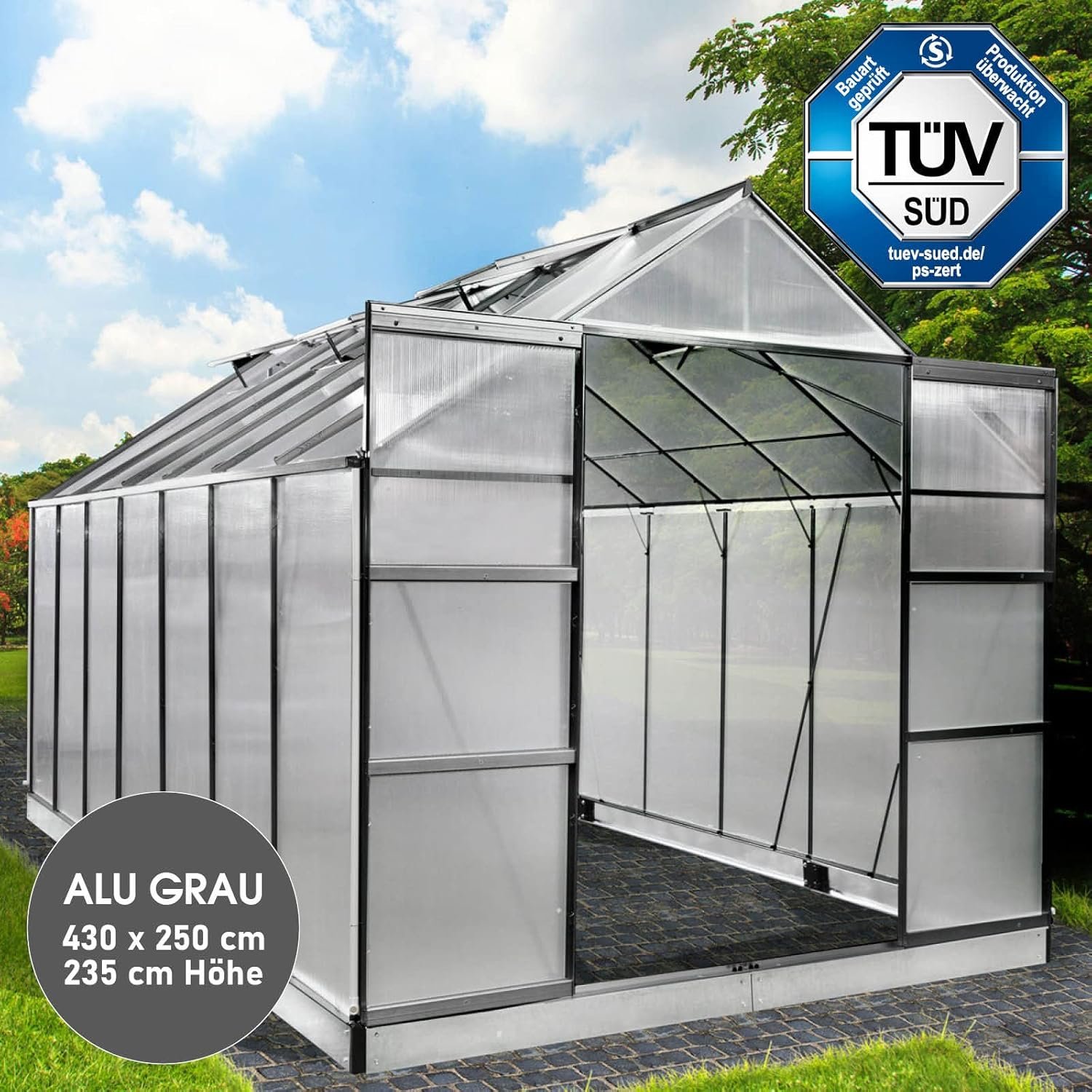 BRAST Aluminium Greenhouse with Base 430 x 250 x 235 cm, TV Tested, 6 mm Hollow Chamber Panels, Rustproof/Weatherproof/Temperature-Resistant - Image 3