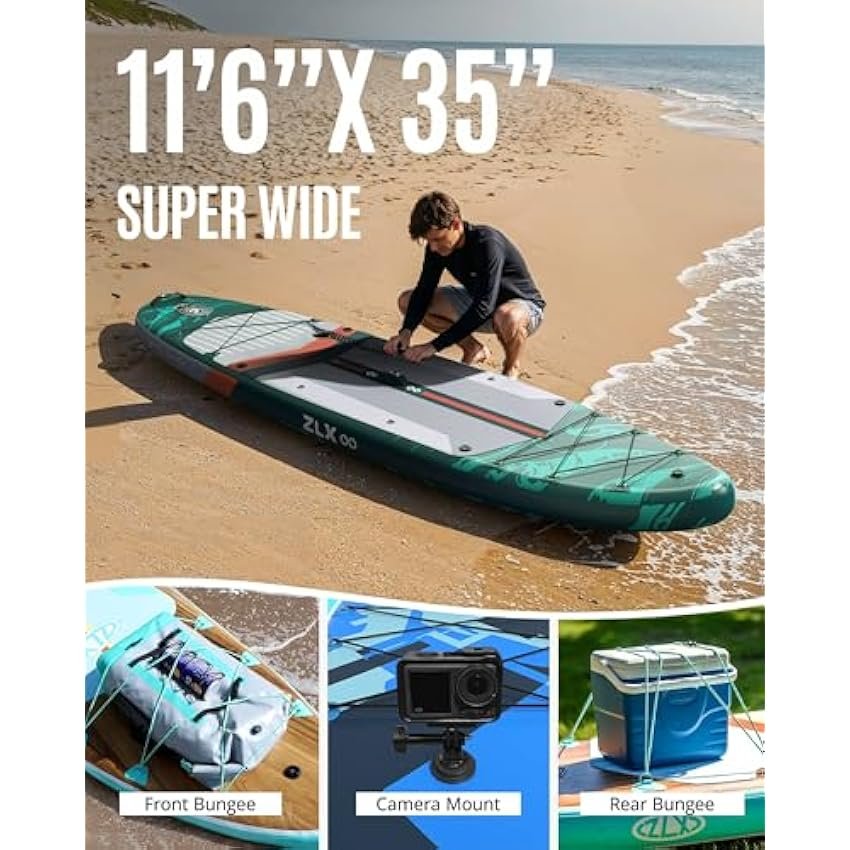 ZLX 11'6" Extra Wide Inflatable Stand Up Paddle Board SUP, Stable Non-Slip Deck Pad, Unique Fin System and Premium iSUP Accessories - Portable Backpack & Upgraded Pump for Adults, All Skill Levels - Image 5