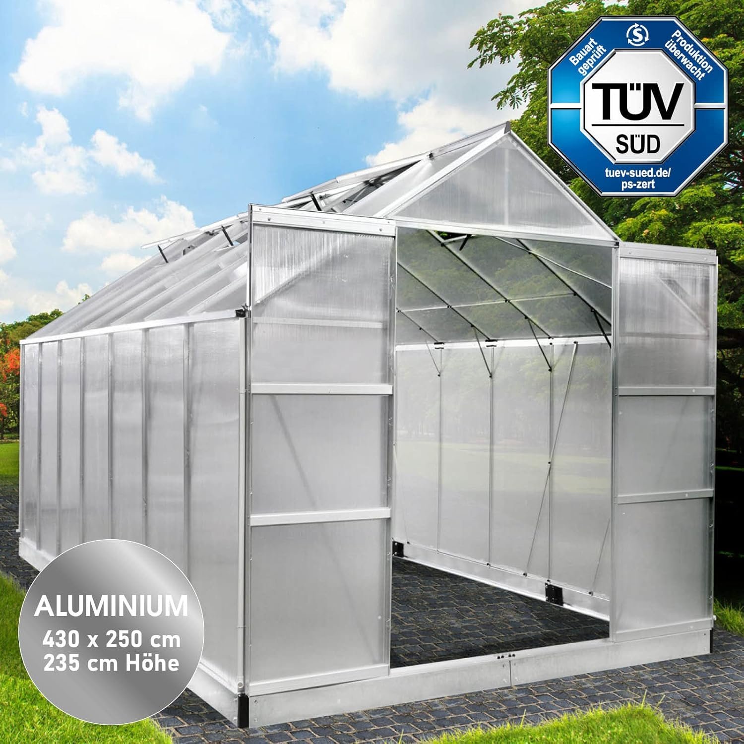 BRAST Aluminium Greenhouse with Base 430 x 250 x 235 cm, TV Tested, 6 mm Hollow Chamber Panels, Rustproof/Weatherproof/Temperature-Resistant
