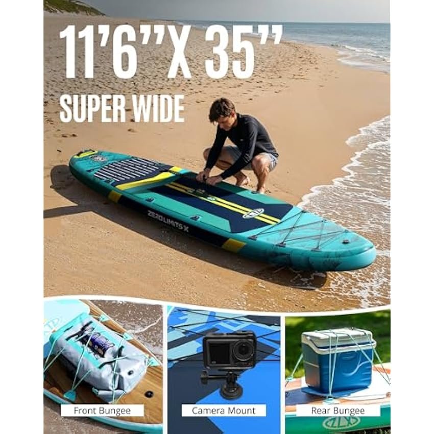 ZLX 11'6" Extra Wide Inflatable Stand Up Paddle Board SUP, Stable Non-Slip Deck Pad, Unique Fin System and Premium iSUP Accessories - Portable Backpack & Upgraded Pump for Adults, All Skill Levels - Image 5