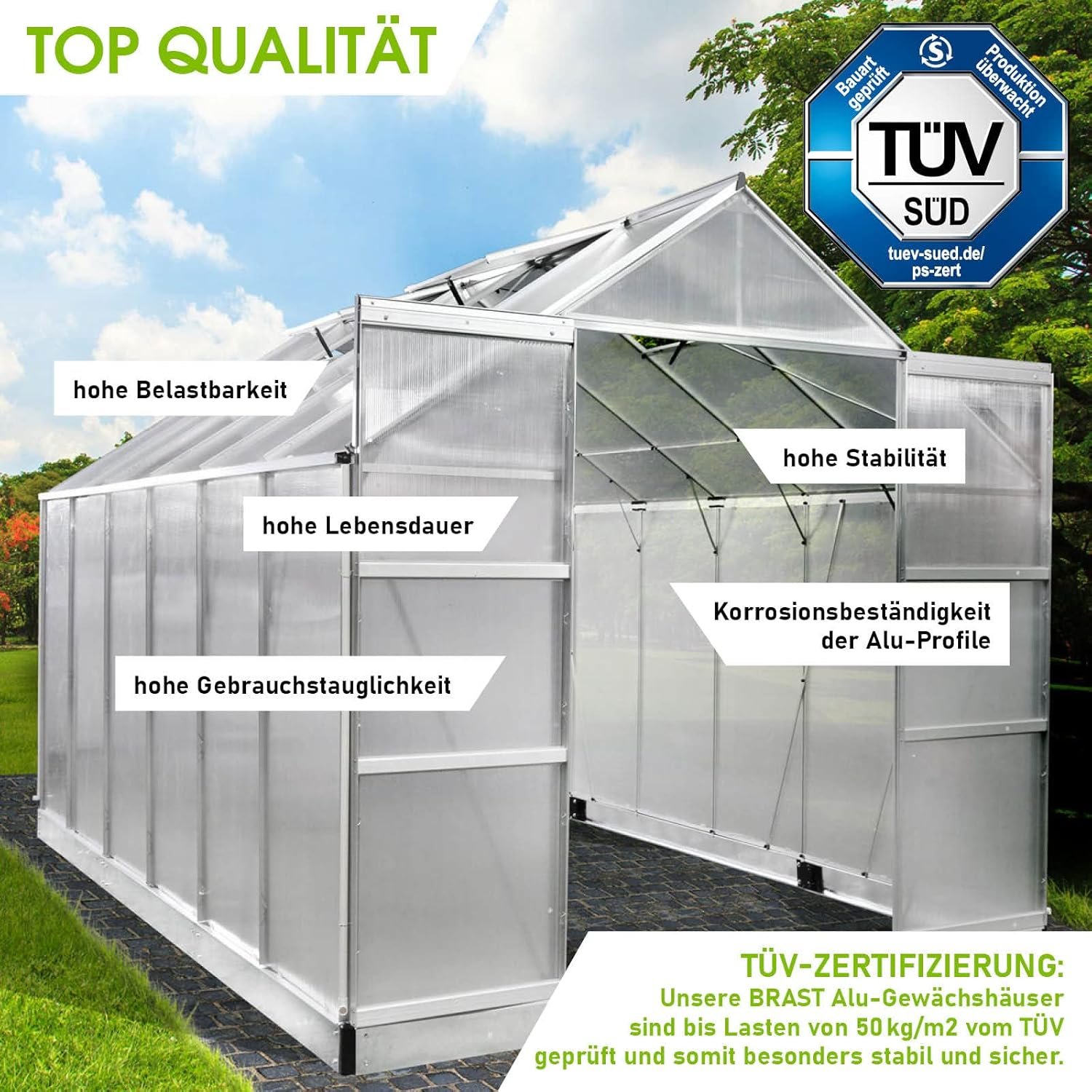 BRAST Aluminium Greenhouse with Base,380 x 250 x 235 cm, TV Tested, 6 mm Hollow Chamber Panels, Rustproof/Weatherproof/Temperature-Resistant - Image 2