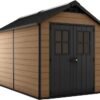 Keter Newton 7.5x11 Large Resin Outdoor Storage Shed Kit ?C Perfect to Store Patio Furniture, Garden Tools, Bike Accessories, and Lawn Mower, Mahogany Brown