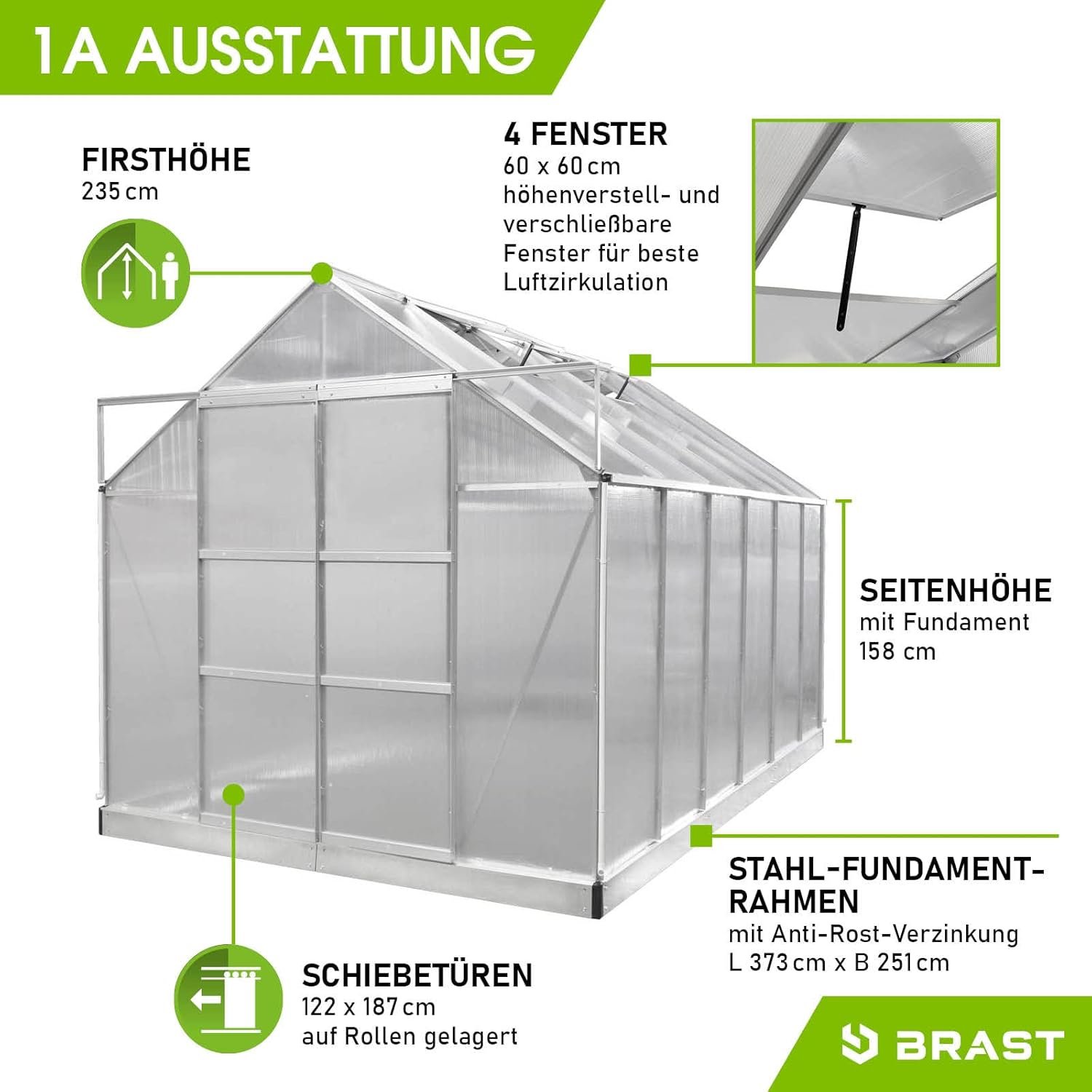 BRAST Aluminium Greenhouse with Base,380 x 250 x 235 cm, TV Tested, 6 mm Hollow Chamber Panels, Rustproof/Weatherproof/Temperature-Resistant - Image 7