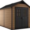 Keter Newton 7.5x11 Large Resin Outdoor Storage Shed Kit ?C Perfect to Store Patio Furniture, Garden Tools, Bike Accessories, and Lawn Mower, Mahogany Brown