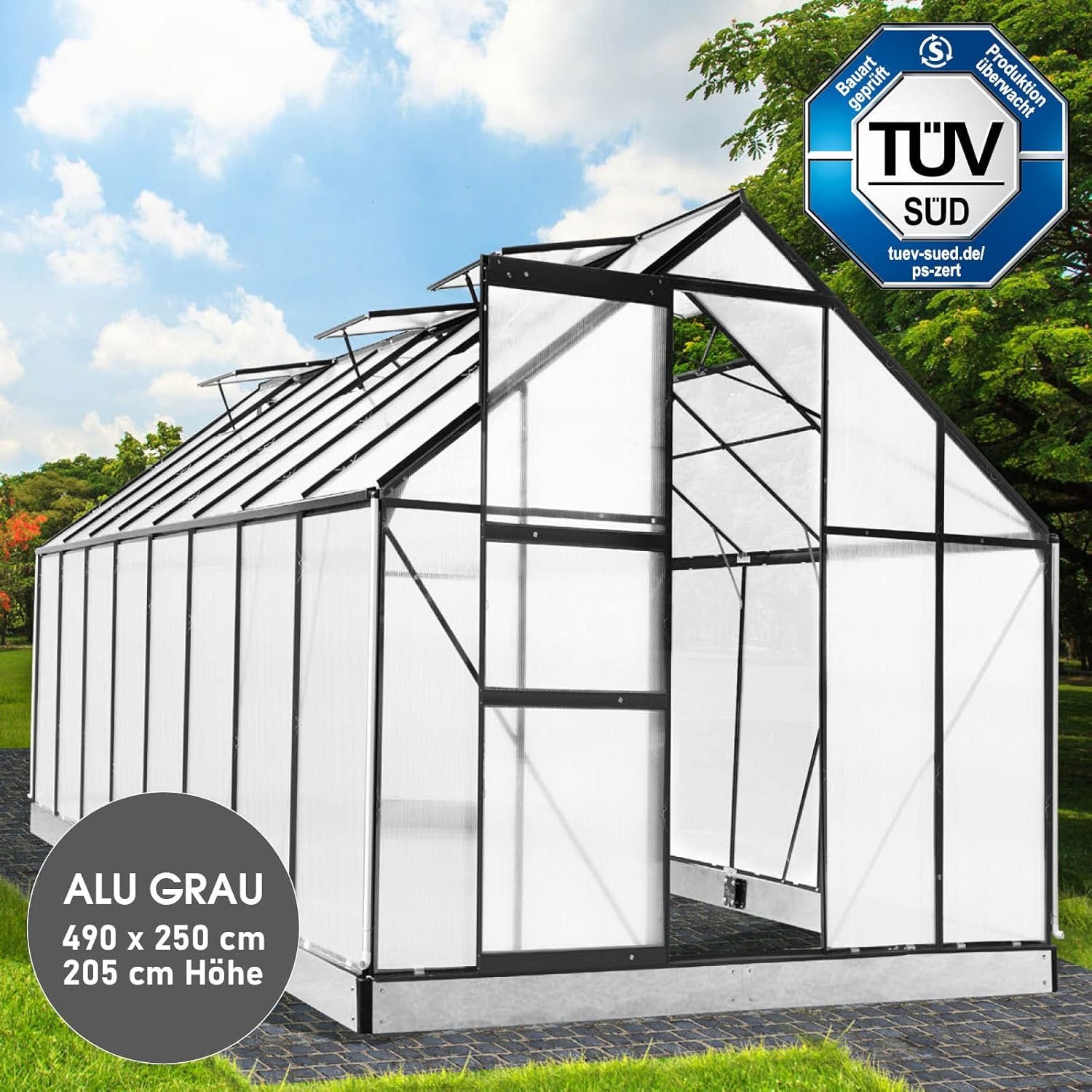 BRAST Aluminium Greenhouse with Base 490 x 250 x 205 cm, TV Tested, 6 mm Hollow Chamber Panels, Rustproof/Weatherproof/Temperature-Resistant - Image 3
