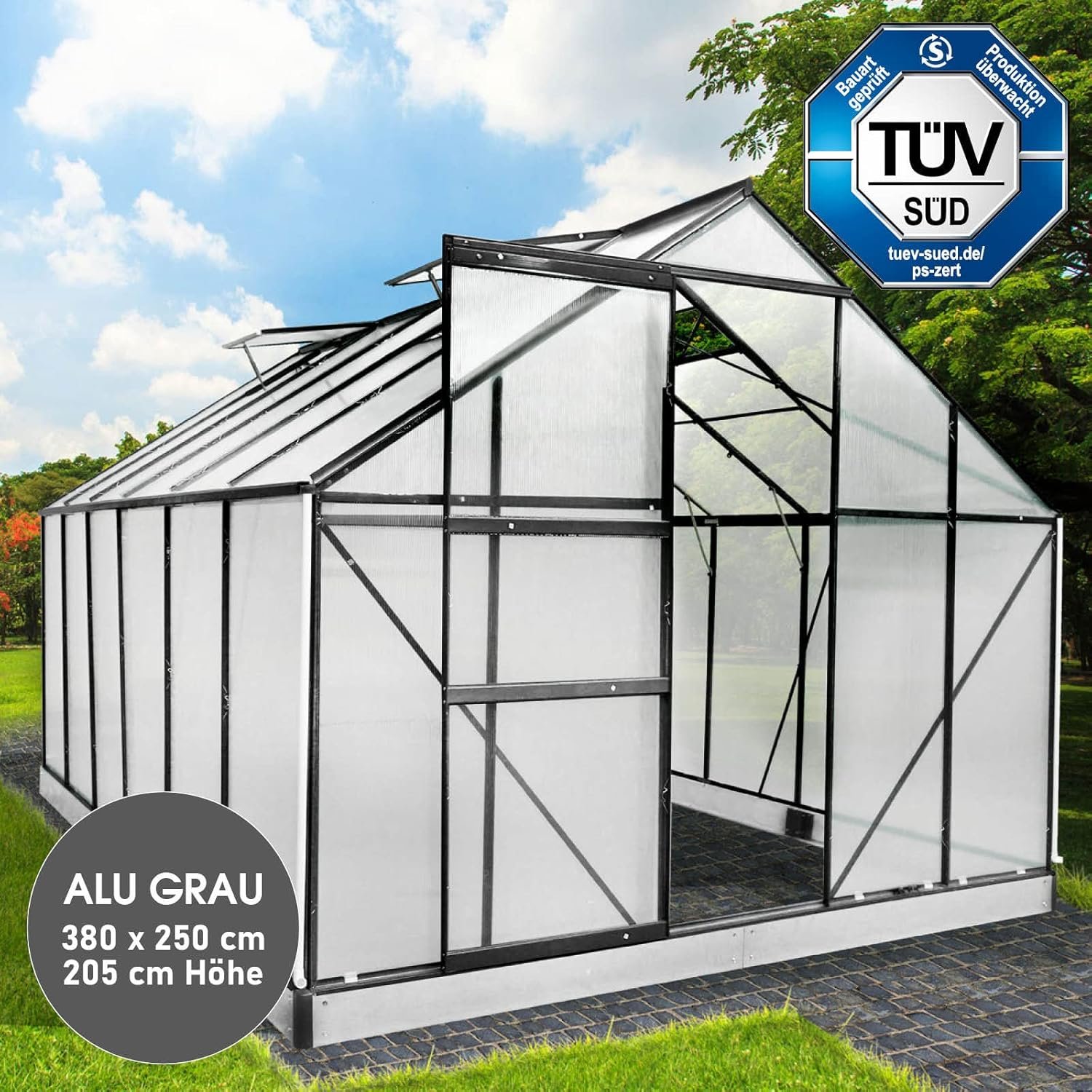 BRAST Aluminium Greenhouse with Base,380 x 250 x 235 cm, TV Tested, 6 mm Hollow Chamber Panels, Rustproof/Weatherproof/Temperature-Resistant - Image 3