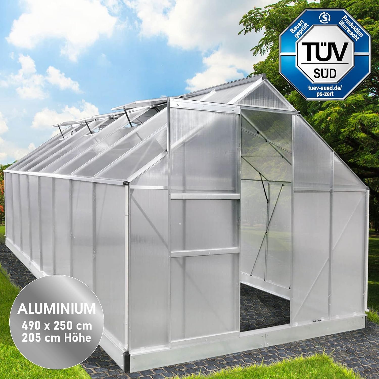 BRAST Aluminium Greenhouse with Base 490 x 250 x 205 cm, TV Tested, 6 mm Hollow Chamber Panels, Rustproof/Weatherproof/Temperature-Resistant - Image 2