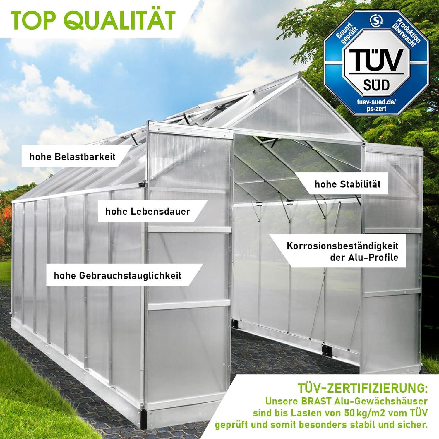 BRAST Aluminium Greenhouse with Base 430 x 250 x 235 cm, TV Tested, 6 mm Hollow Chamber Panels, Rustproof/Weatherproof/Temperature-Resistant - Image 2