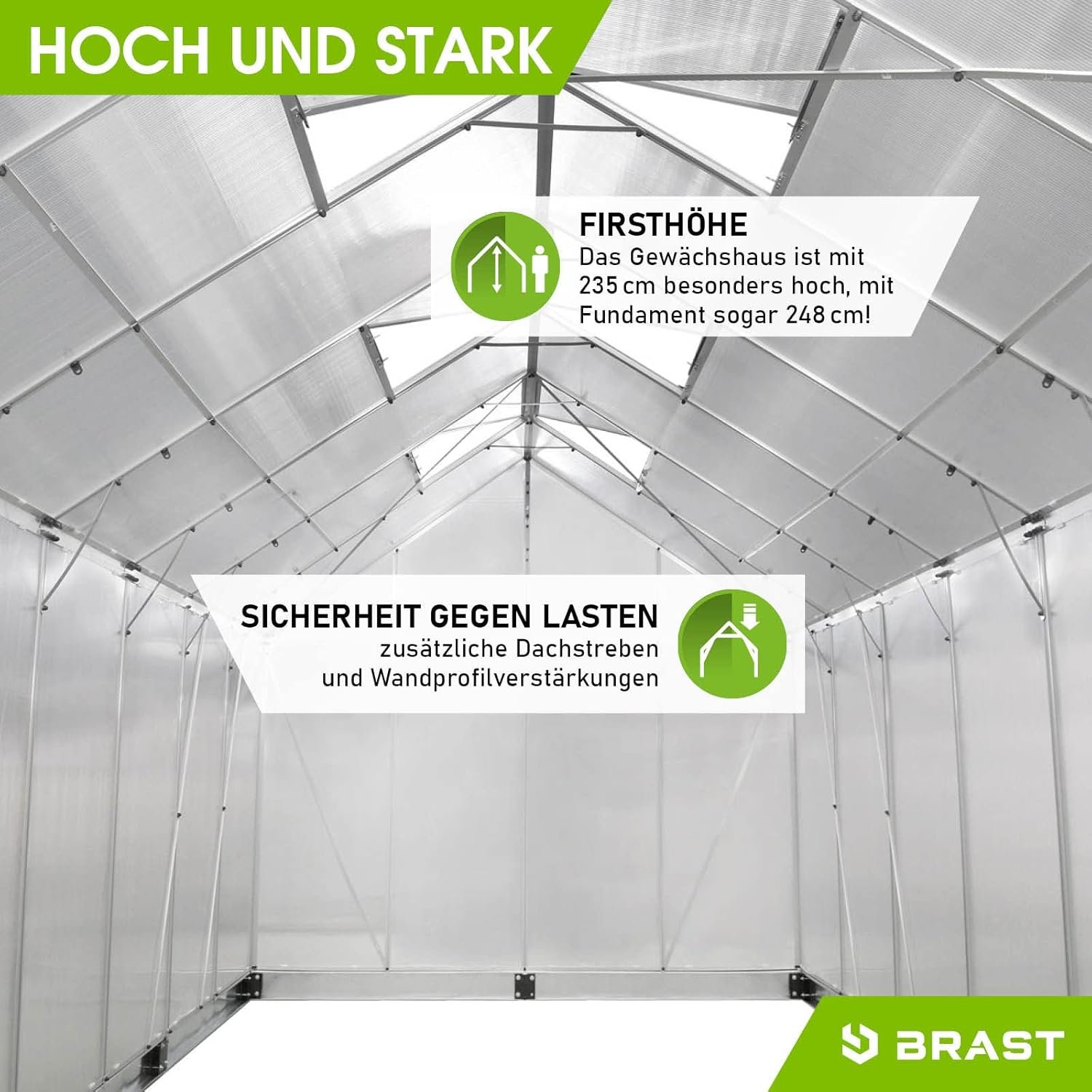 BRAST Aluminium Greenhouse with Base 430 x 250 x 235 cm, TV Tested, 6 mm Hollow Chamber Panels, Rustproof/Weatherproof/Temperature-Resistant - Image 9