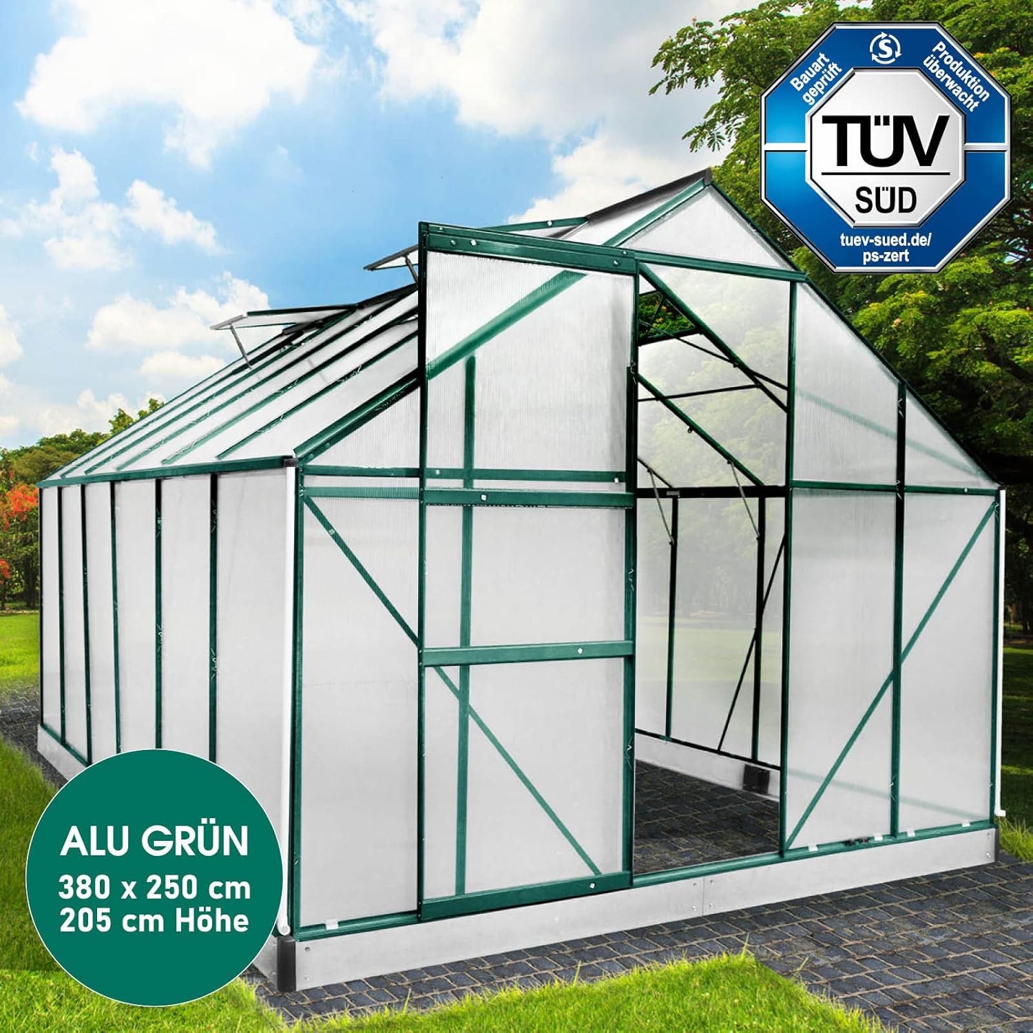 BRAST Aluminium Greenhouse with Base,380 x 250 x 235 cm, TV Tested, 6 mm Hollow Chamber Panels, Rustproof/Weatherproof/Temperature-Resistant - Image 4